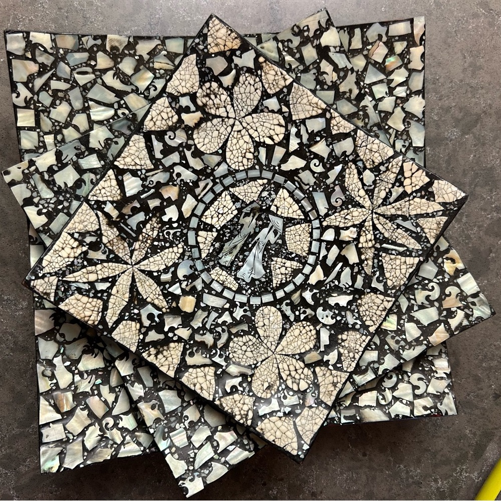3 square black lacquer Japanese mother of pearl plate set.